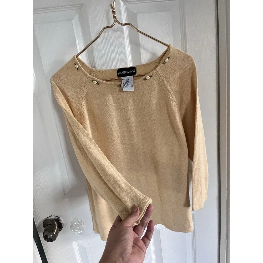 VTG SILK Sage Harbor Yellow Knit Sweater Feminine Floral Rose Detail Cottagecore